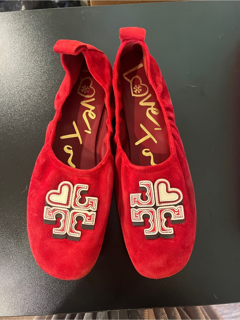 Tory Burch 38 Red Suede Logo Ballet Flats with box